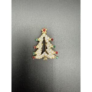 Vintage Rhinestone Christmas Tree Brooch Holiday Pin Clear Red Green Gold Tone